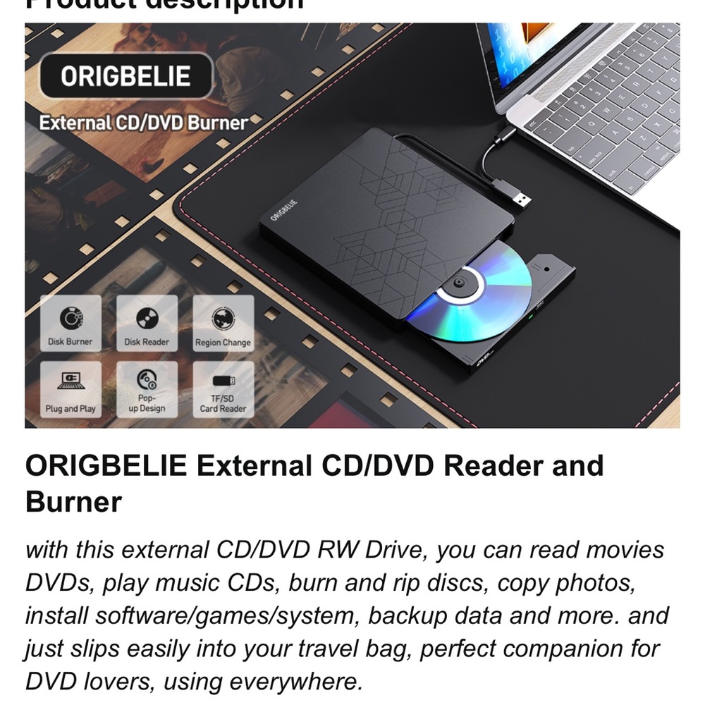 Brand New, ORIGBELIE External CD/DVD Reader and Burner - Picture 7 of 9